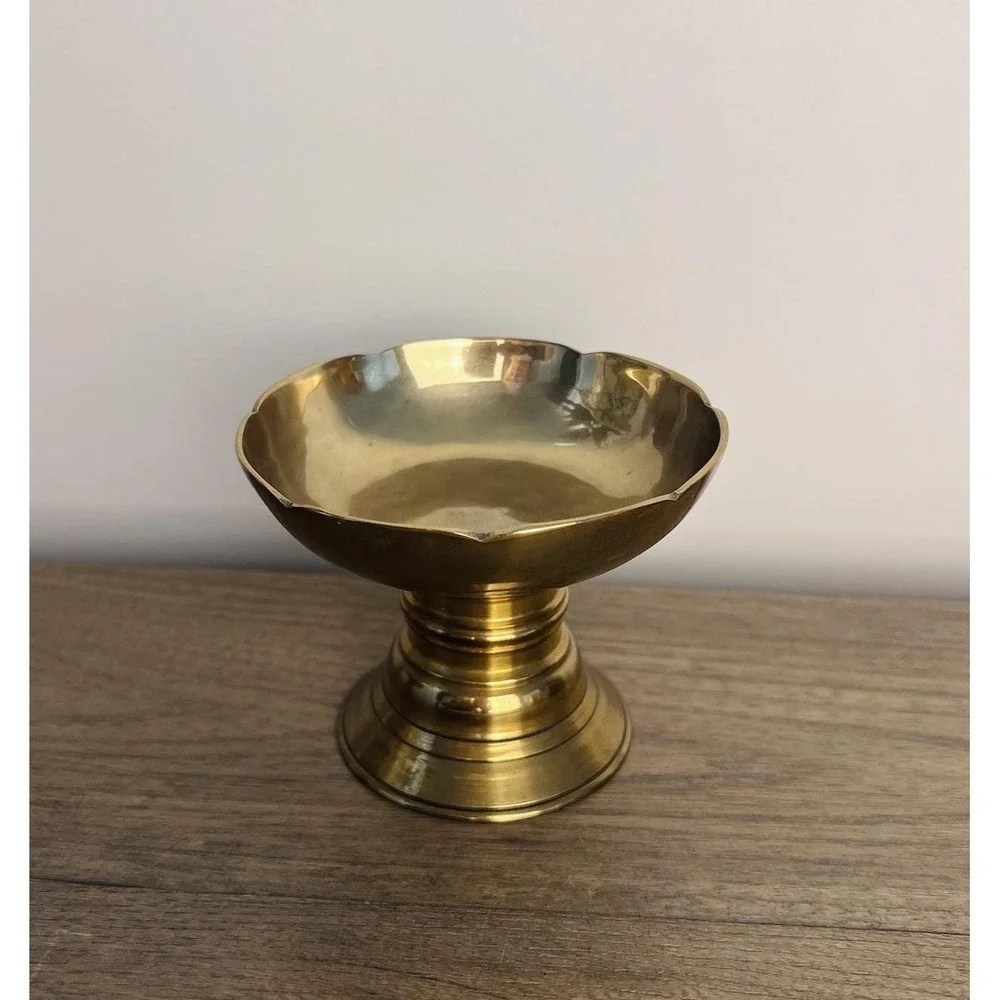 Solid Brass Pedestal Bowl Compote – Wide Shallow Dish on Turned Base 3 7/8